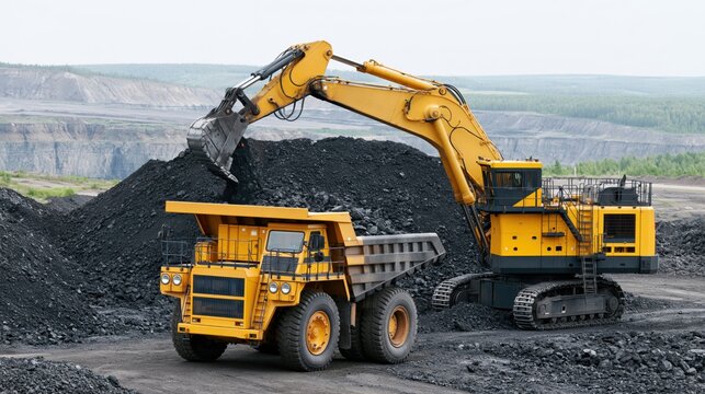 Heavy machinery excavating and loading coal into a large haul truck