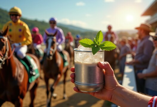 Silver Cup Mint Julep at Summer Horse Race Thrills Derby Chickens Liberty Capped Reins Sassy Riding Hats