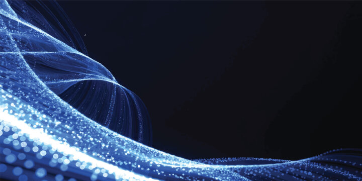 A futuristic abstract blue wave background features glowing digital lines and a fractal curve pattern that shines with dynamic motion and energy against a dark space backdrop