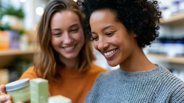 Two smiling women shopping and choosing products in a store