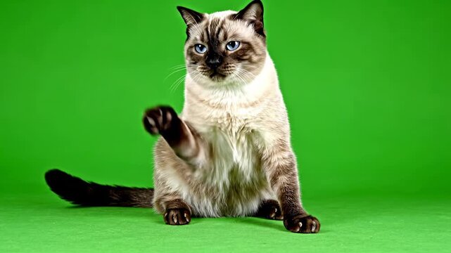 Siamese Cat Poses with Green Screen Background for Animation and Compositing
