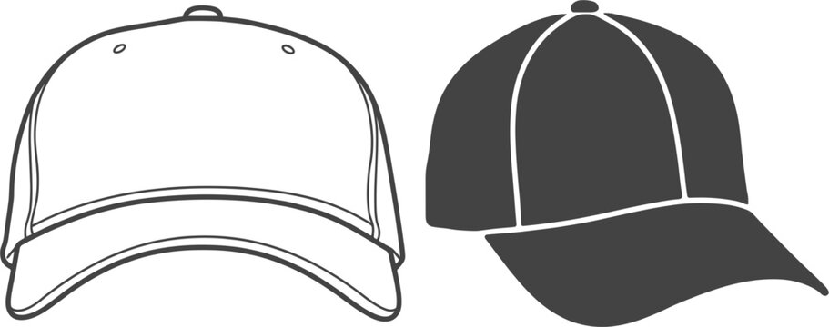 Baseball cap icons set, casual sports headwear silhouette and outline fashion accessory collection