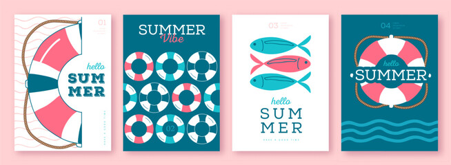 Set of summer striped sea vacation posters or covers with inflatable swim rings. Summer vibe backgrounds. Vector illustration © annbozhko