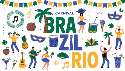 Fototapeta premium Brazilian Carnival celebration with diverse people dancing and playing music under festive decorations