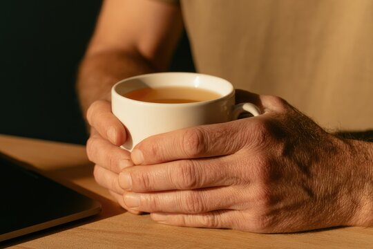 Warm hands cradling cozy cup of tea evoke tranquility and mindfulness in serene environment