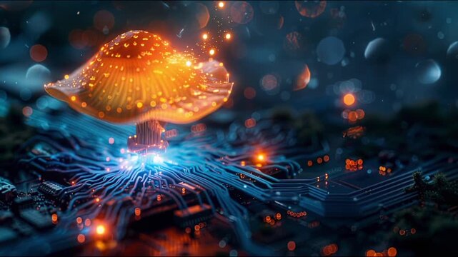 Glowing magic mushroom growing on a futuristic circuit board, symbolizing the symbiosis of nature and technology, a biotechnology concept. Seamless loop animation.