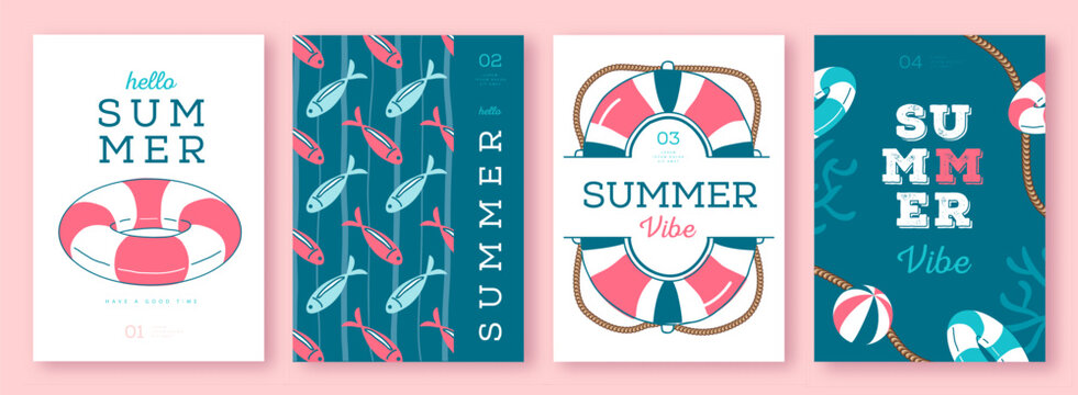 Set of summer striped sea vacation posters or covers with inflatable swim rings. Summer vibe backgrounds. Vector illustration