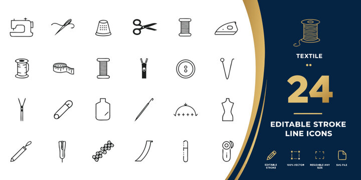 Sewing and textile icons set with sewing machine and tailor's tools on a dark blue background