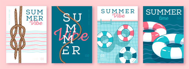 Set of summer striped sea vacation posters or covers with inflatable swim rings. Summer vibe backgrounds. Vector illustration © annbozhko