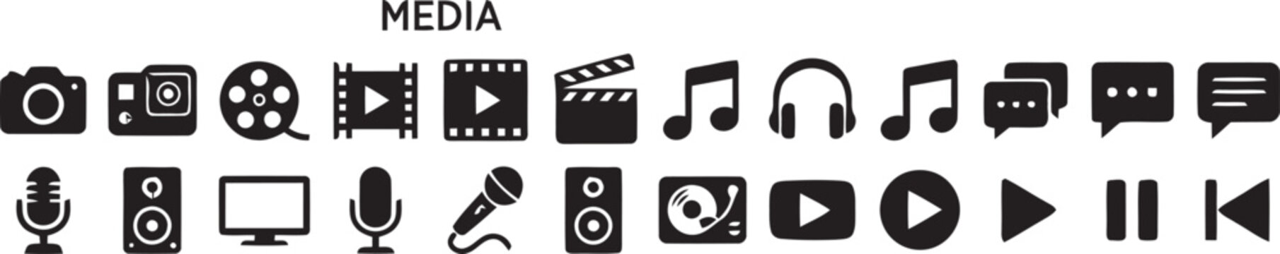 Multimedia icon set containing video player controls audio production symbols microphone speaker camera headphones and streaming media interface glyphs