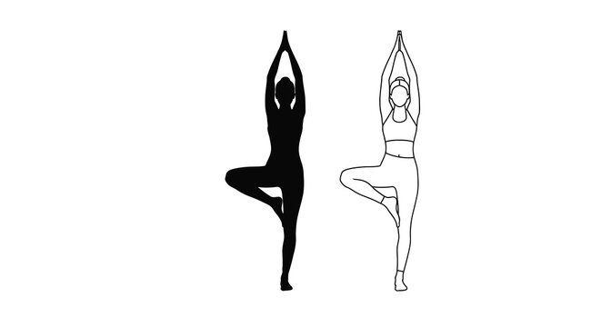Woman performing tree pose yoga black silhouette
