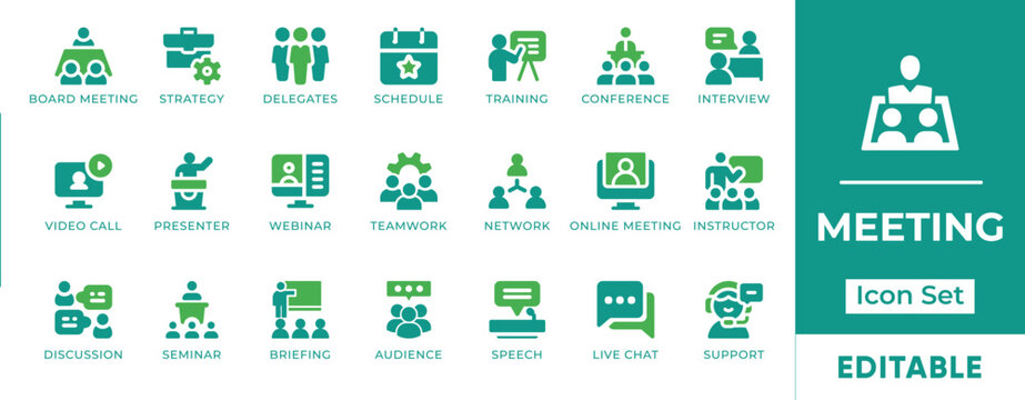 Meeting Conference Webinar Seminar Discussion Interview Virtual Network Teamwork Vector Icon Set
