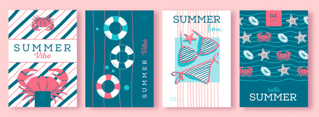 Set of summer striped sea vacation posters or covers with inflatable swim rings. Summer vibe backgrounds. Vector illustration © annbozhko