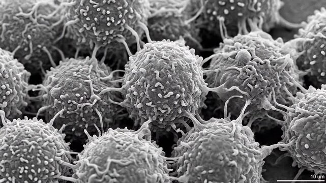 Microscopic cell structure of human immune cell observed with electron microscopy, displaying granular surface texture and complex pseudopod process, revealing biological organization.