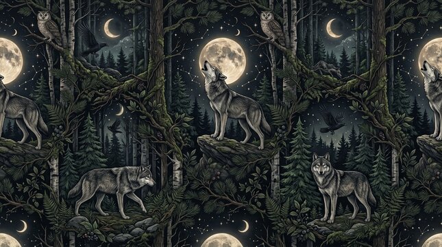 Seamless realistic wolf pattern with wolves howling at the full moon, owls, ravens, and pine forest at night