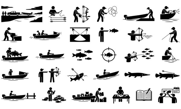 Bowfishing and boat fishing icon set covering lake arrival, archery shooting, catch handling, and trip planning for outdoor sport, fishing tourism, and adventure recreation design