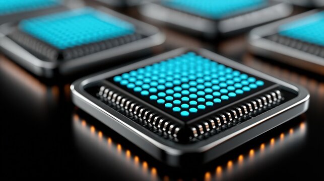 Blank computer processors on matte black board with reflective highlights
