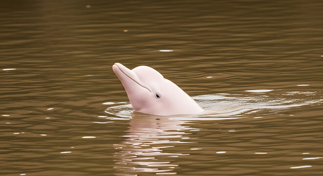 Rare pink river dolphin swimming and breathing on brown muddy river water surface