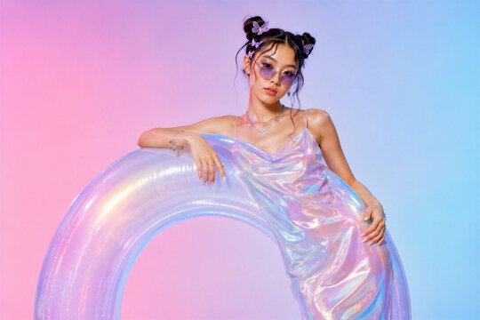 Asian woman wearing iridescent dress and butterfly hair clips leaning on holographic pool ring. Y2k fashion style with colorful gradient background. Retro aesthetic nostalgic trend