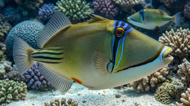 Vibrant Reef Triggerfish Swimming Gracefully Amidst Colorful Coral Habitats in Deep Ocean