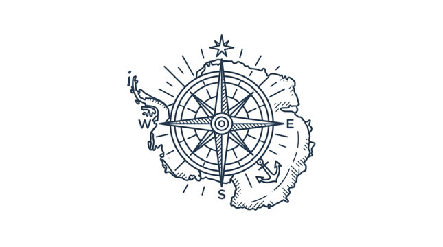 Compass Rose Overlayed on Antarctica Map Illustration.