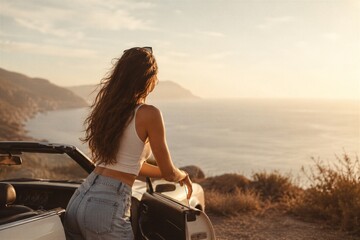 Fototapeta premium Woman standing by convertible car looking at seaside sunset. Female traveler enjoying view of ocean during road trip. Summer vacation, freedom, travel concept and coastal adventure