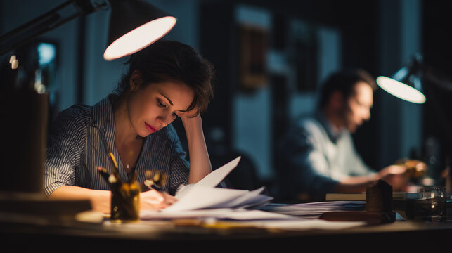 Woman working through a pile of contracts under warm desk lighting ,stressed office worker, night work, women writting on the document, one men sitting in the office at evening, sa