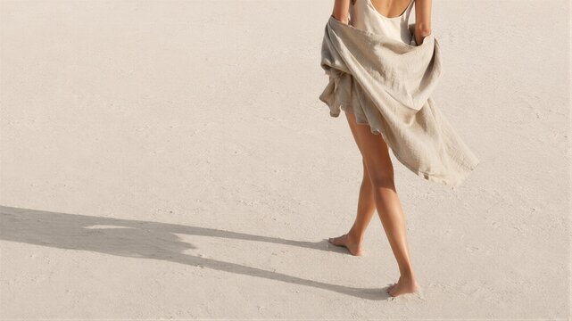 Woman walking barefoot on white sand beach at sunny summer day. Young girl in linen robe enjoying tropical vacation and holidays. Concept of freedom, relaxation and travel lifestyle