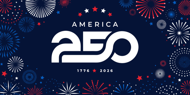 America 250th anniversary celebration with fireworks during the night in a patriotic theme