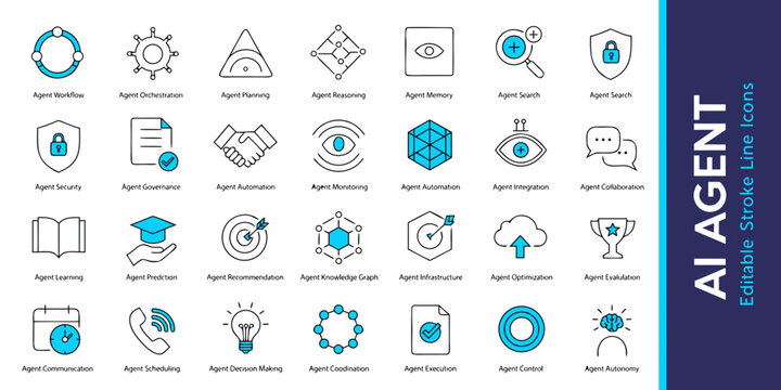 AI agent icons in stroke line style representing workflow security and automation on a white background