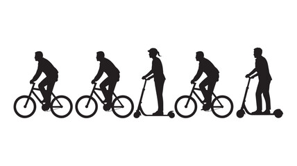 Obraz premium Silhouette Of People Riding Bicycles And Electric Scooters On White Background For Transportation Concepts