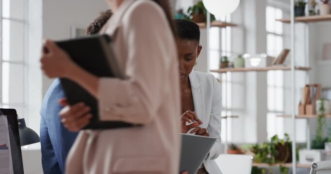 Company, business people or team talk with laptop for financial proposal, asset management or idea. Computer, glass office or collaboration with employees, investment evaluation or dividend yield