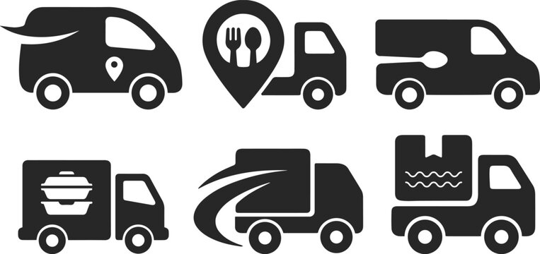 Food Truck Silhouettes Collection Black Vector Icons Depicting Mobile Catering Vehicles And Delivery Services vehicle kitchen van street takeaway restaurant