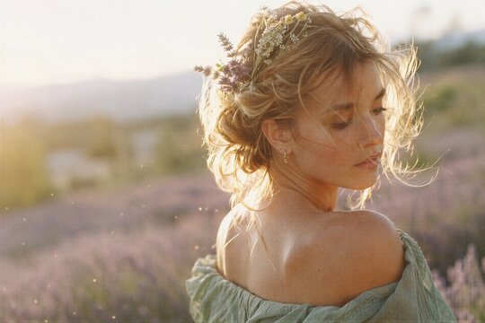 Young woman with flowers in hair standing in lavender field at sunset. Romantic summer portrait in nature with golden backlighting. Soft focus lifestyle and beauty concept in meadow
