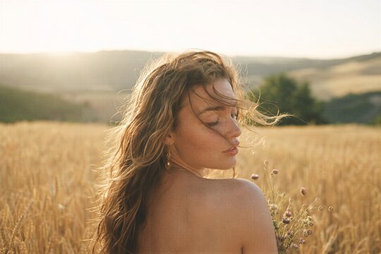Young woman standing in a golden wheat field at sunset. Peaceful girl posing with a wildflowers bouquet in a rural landscape. Concept of freedom, nature connection and lifestyle