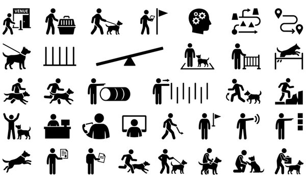 Dog agility training and obedience competition icon set covering obstacle courses, handler commands, venue registration, and certification for pet sport and canine training infographic design