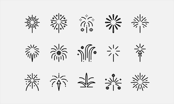 Black firework line art icon set vector illustration