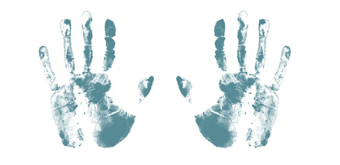 Blue handprints isolated on transparent background, human hand prints on alpha channel.
