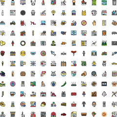 Naklejka premium Diverse collection of colorful flat design icons displaying various global themes, concepts, and aspects of everyday life, technology, environment, food, and communication on a white background