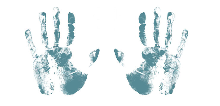 Blue handprints isolated on transparent background, human hand prints on alpha channel.