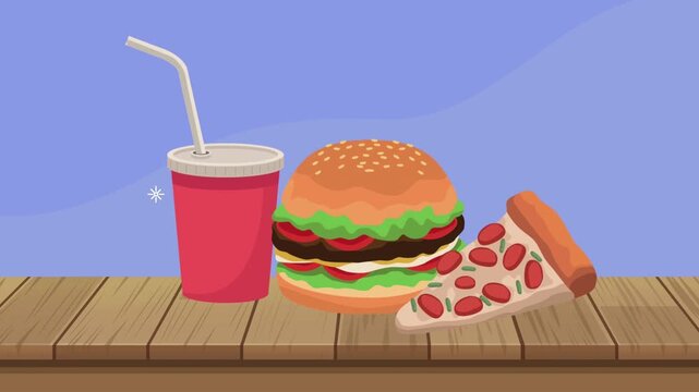 Animated Fast Food Meal with Burger Pizza and Soda