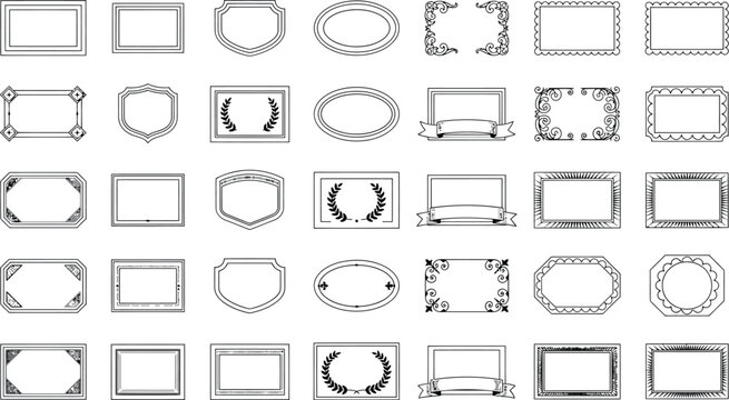 Set of Black and White Decorative Frames and Shield Icons