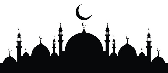 Silhouette Mosque with Domes and Minarets under Crescent Moon Vector Graphic Showing Islamic Architecture, Night Sky and Religious Cultural Scene © SHORIF VTZ