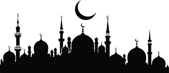 Silhouette Mosque with Domes and Minarets under Crescent Moon Vector Graphic Showing Islamic Architecture, Night Sky and Religious Cultural Scene © SHORIF VTZ