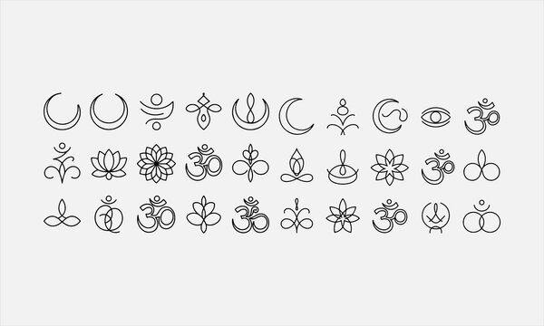 Linear black set of abstract yoga symbol with moon, unalome, eye, lotus, om, triskele. vector illustration