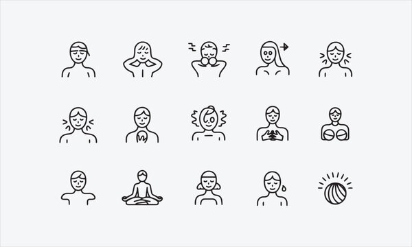 Relieving Muscle Tension as Part of Anxiety Management. line art icon set vector illustration