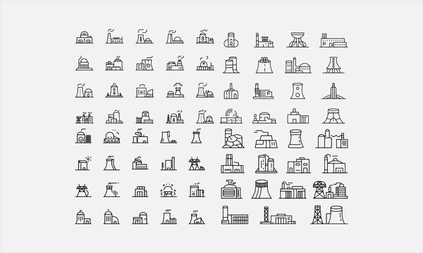 Rendering group of smr or small modular nuclear reactors power plant on white background footage. line art icon set vector illustration