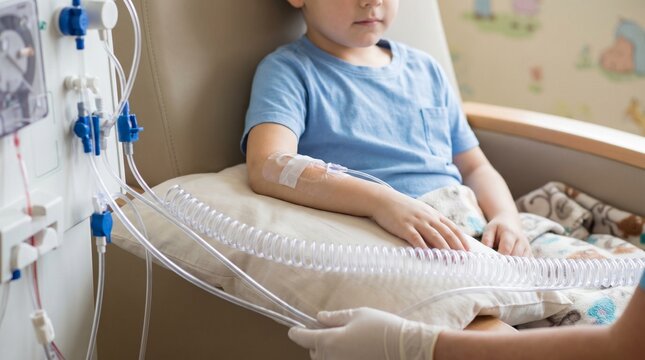 Child undergoing pediatric hemodialysis in hospital chair with vascular access and dialysis tubing, pediatric nephrology care and chronic kidney disease treatment concept.