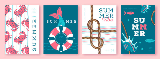 Set of summer striped sea vacation posters or covers with inflatable swim ring, crab, fish, marmaid and shell. Summer vibe backgrounds. Vector illustration © annbozhko