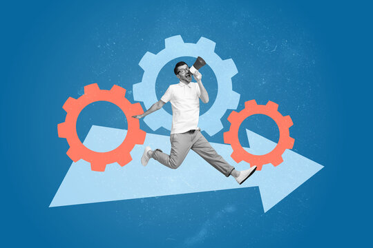 Poster graphics collage of person sit announce megaphone image arrows with gear wheel on blue background